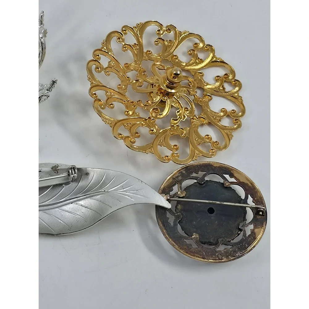 Vintage Brooch Lot 6pc Silver Gold Tone‎ Faux Pearl Filigree Floral Leaf Enamel